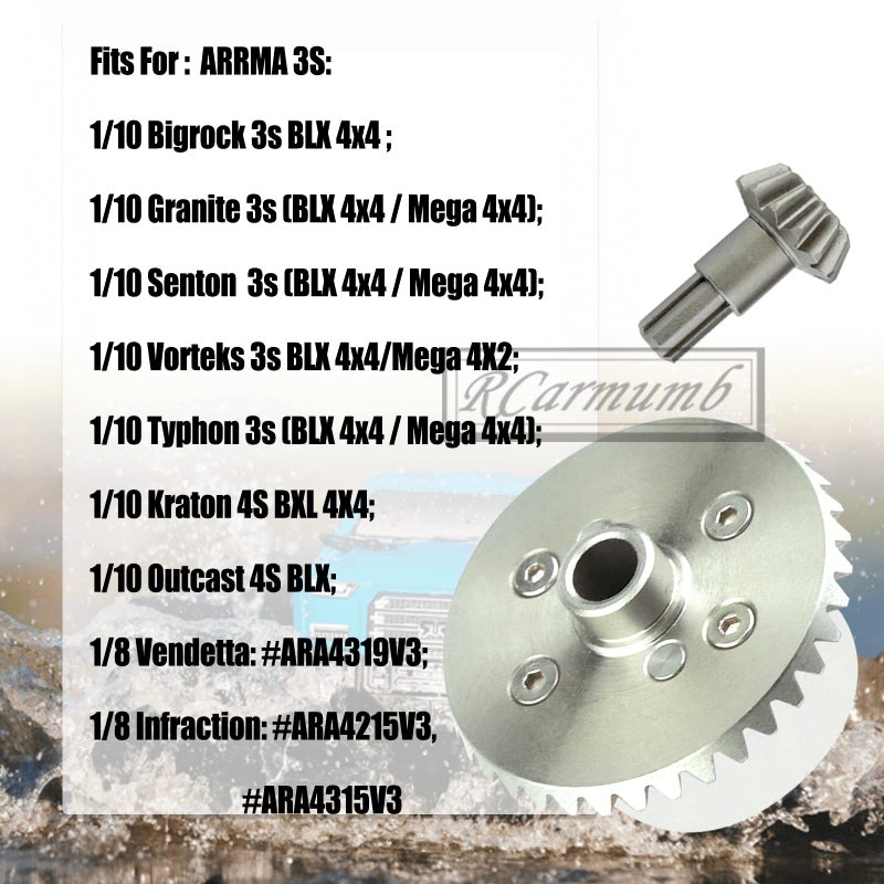 Rcarmumb Upgrades Part for 1/10 Arrma Granite/Senton/Vorteks/Big Rock 3S BLX,1/10 Outcast/Kraton 4S BLX 4X4,1/8 Vendetta/Typhon 3s blx,Steel 37T Main Gear & Differential Case & Input Gear 13T,Silver - Image 2